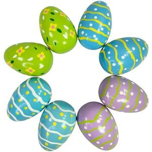 Set of 8 Wooden Easter Eggs Stripes Dots Flowers